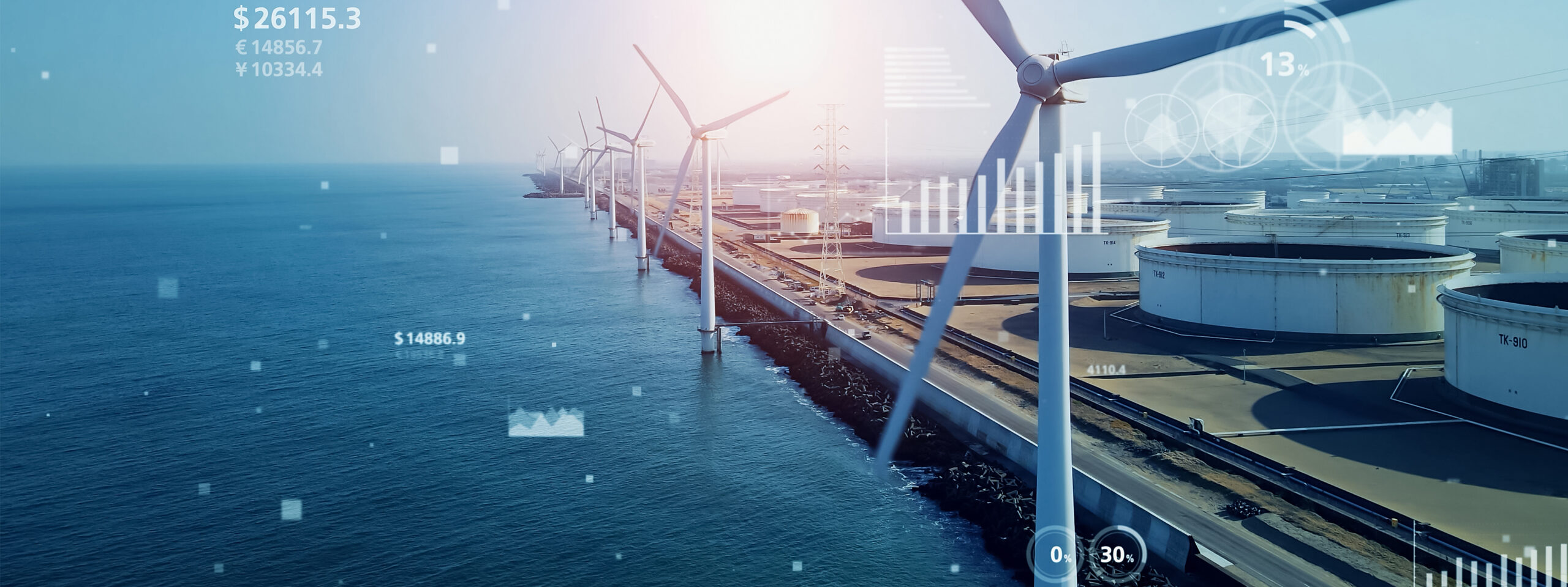 Renewable energy from offshore wind turbines with fuel tanks in the background – the energy systems of the future need to be interconnected and diverse for maximum resilience.